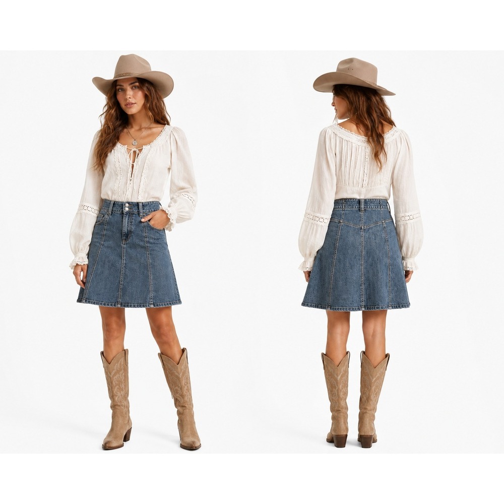 H&M Y2K Denim Skirt 8 Blue Knee Length Stretch Boho Chic Western Festival